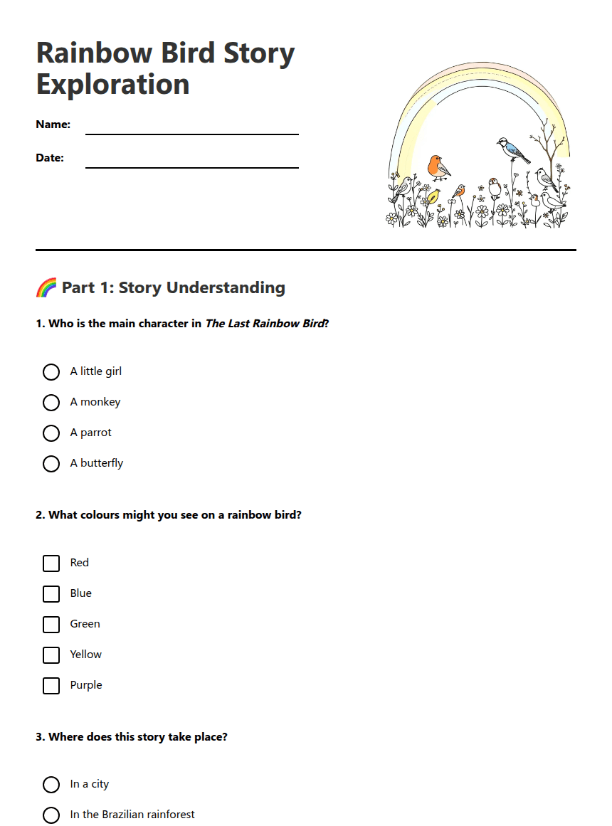 Rainbow Bird Story Exploration worksheet preview