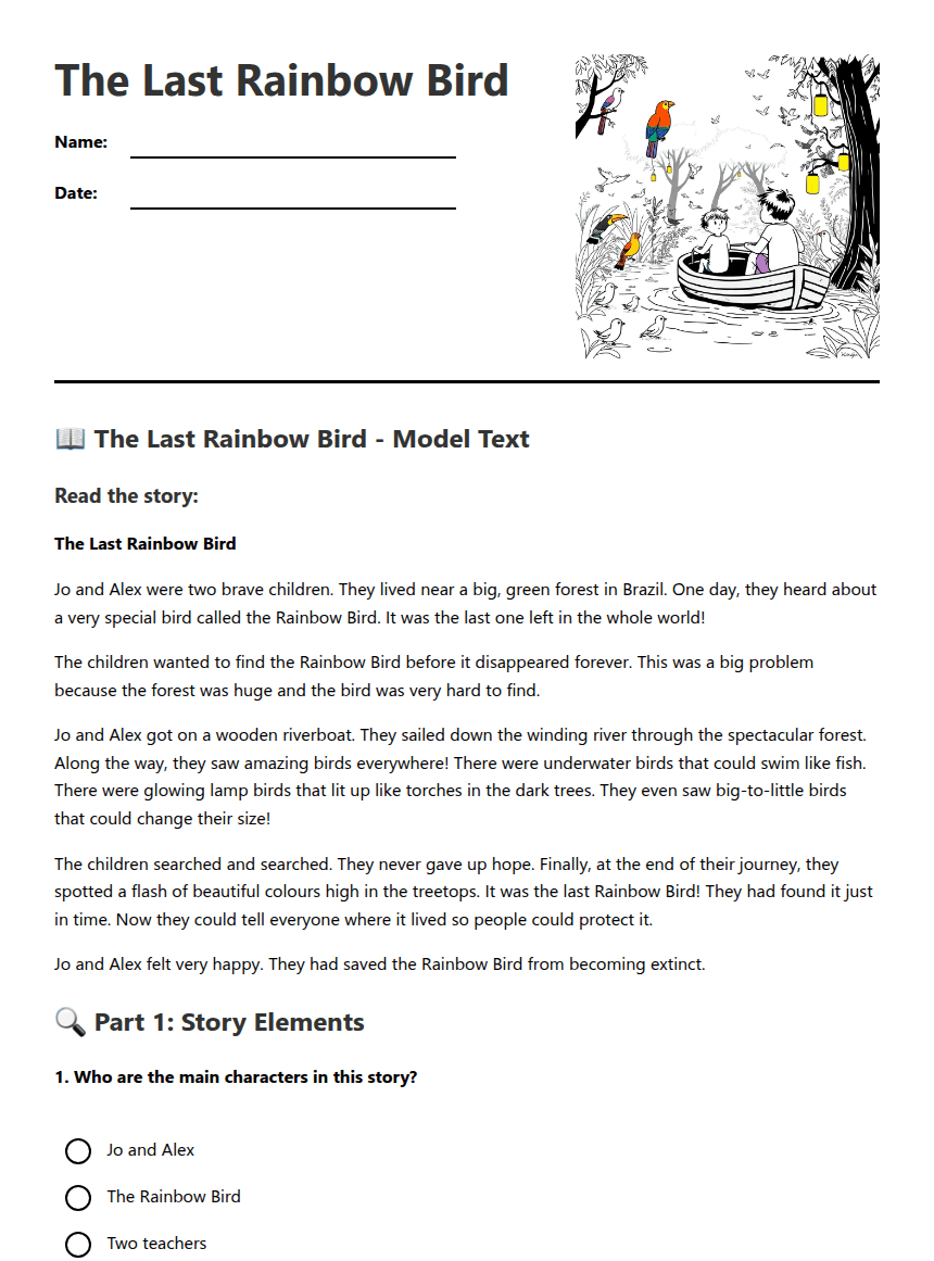 The Last Rainbow Bird worksheet preview