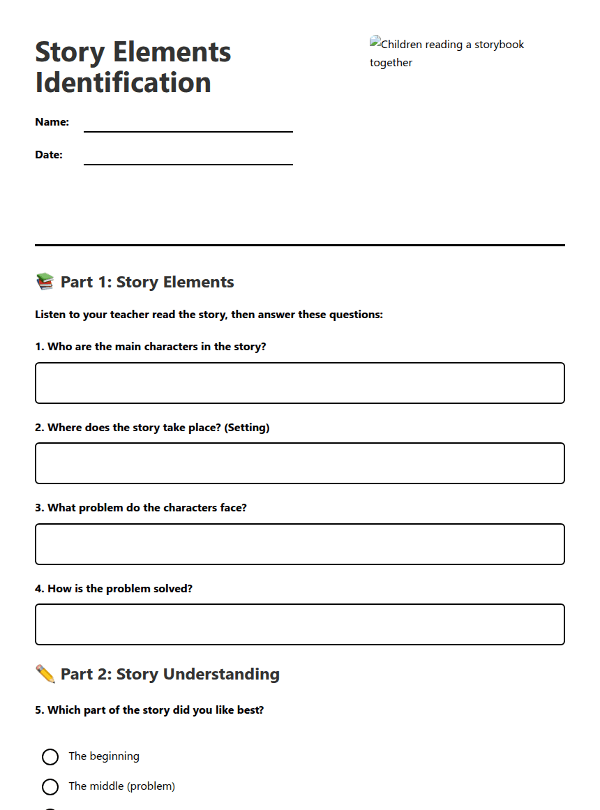 Story Elements Identification worksheet preview