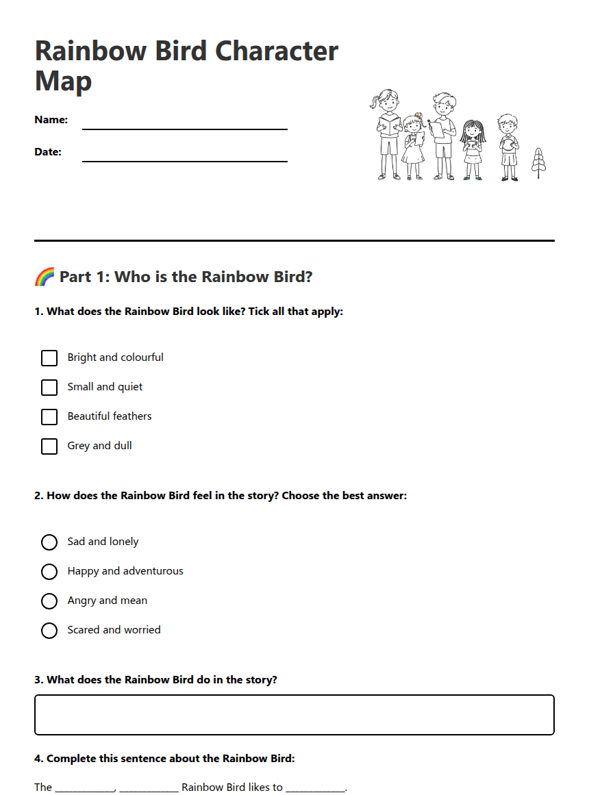 Rainbow Bird Character Map worksheet preview