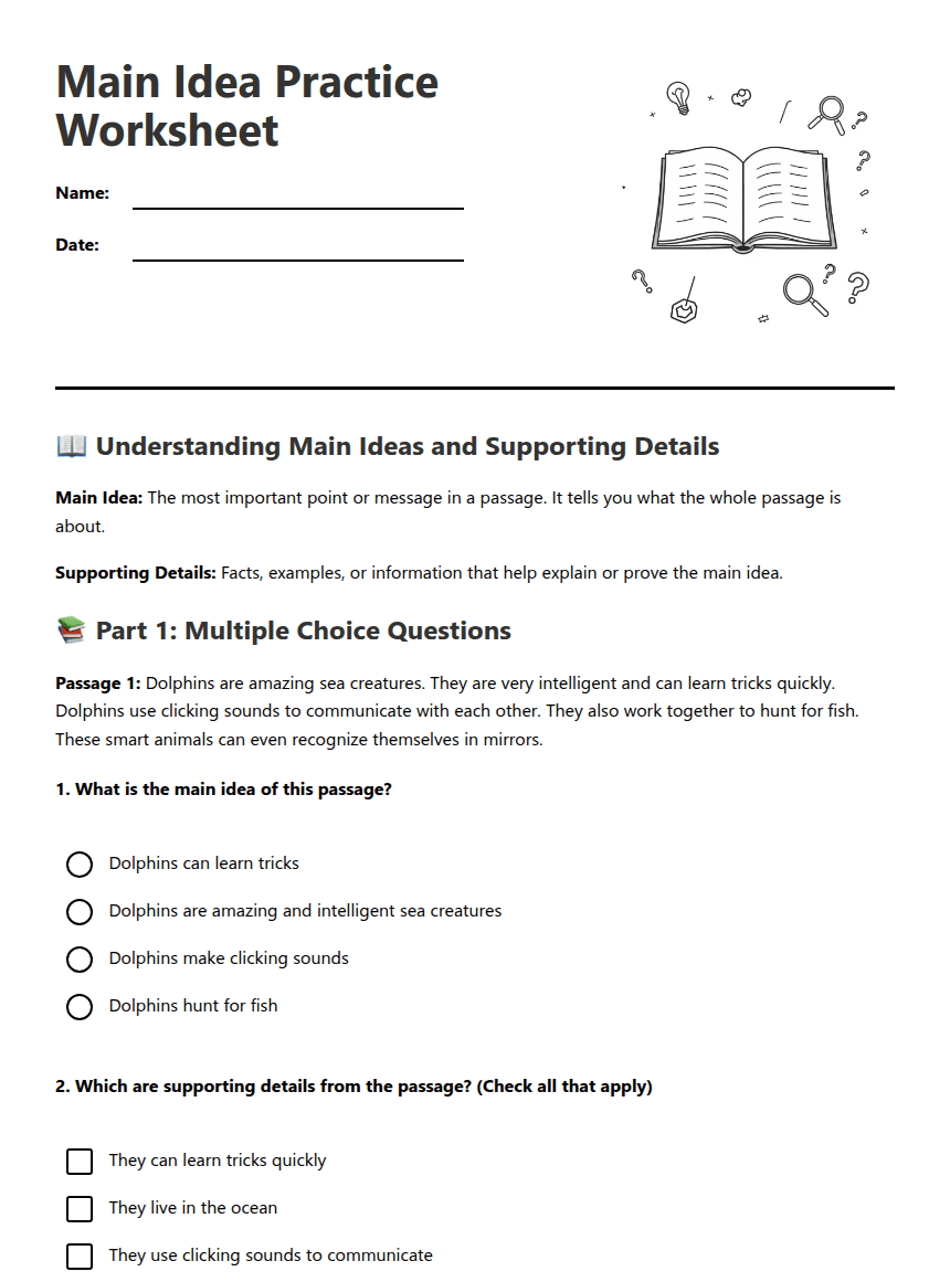 Main Idea Practice Worksheet worksheet preview