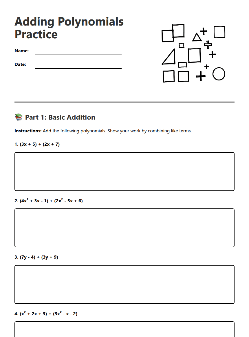 Adding Polynomials Practice worksheet preview