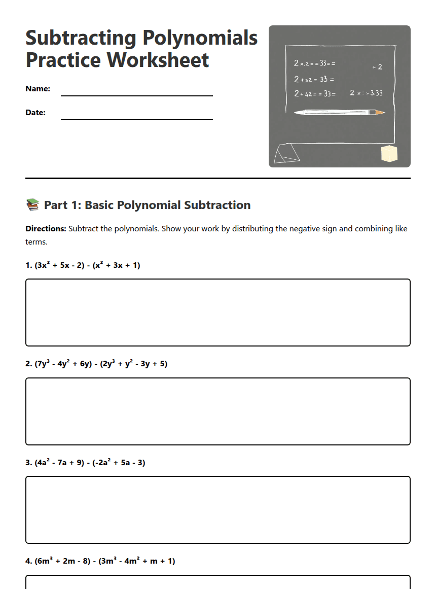 Subtracting Polynomials Practice Worksheet worksheet preview