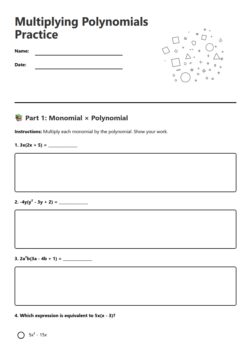 Multiplying Polynomials Practice worksheet preview