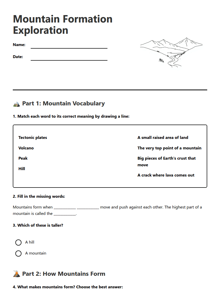 Mountain Formation Exploration worksheet preview