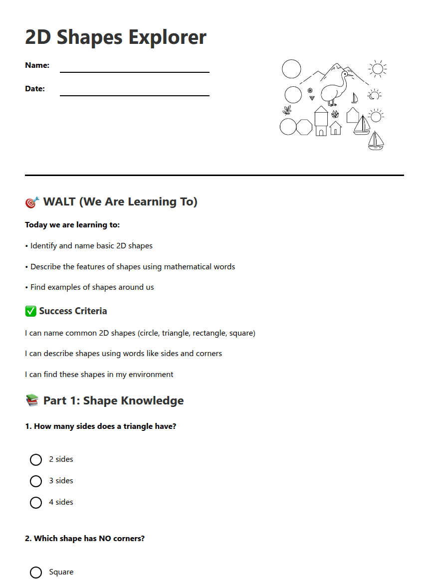 2D Shapes Explorer worksheet preview
