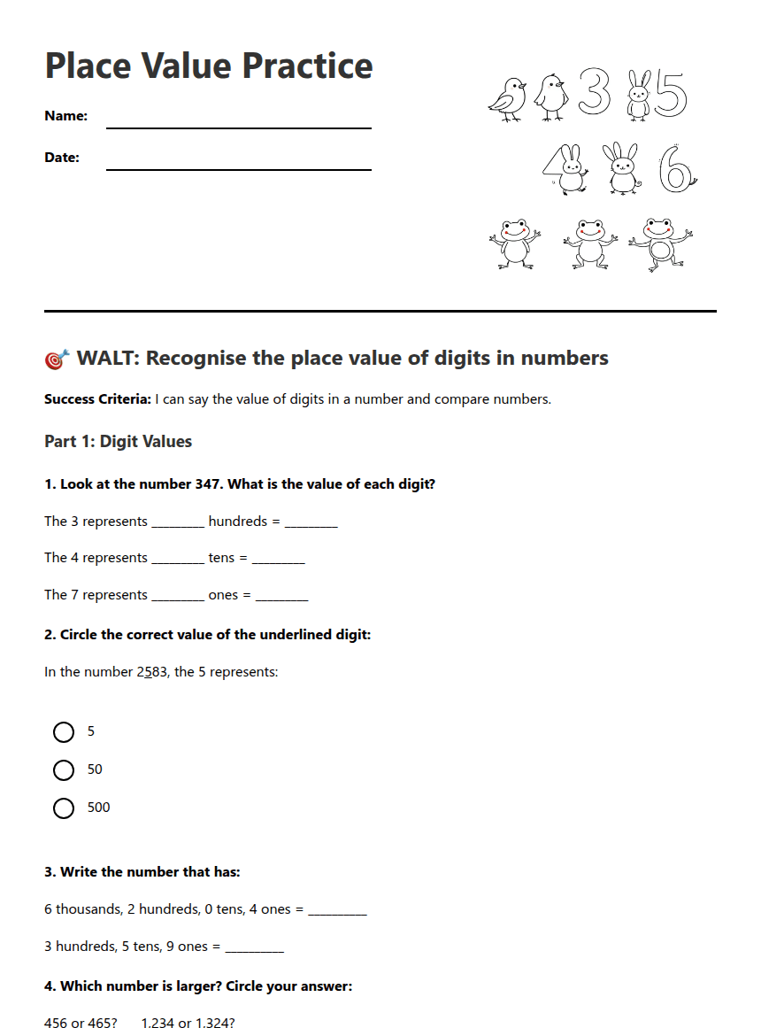 Place Value Practice worksheet preview