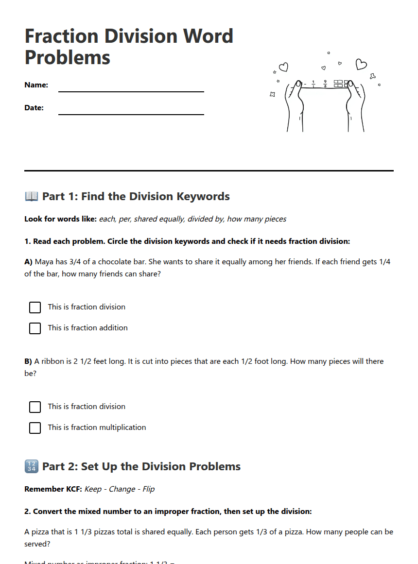 Fraction Division Word Problems worksheet preview