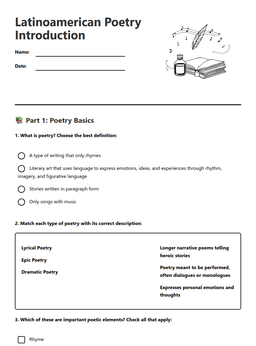 Latinoamerican Poetry Introduction worksheet preview