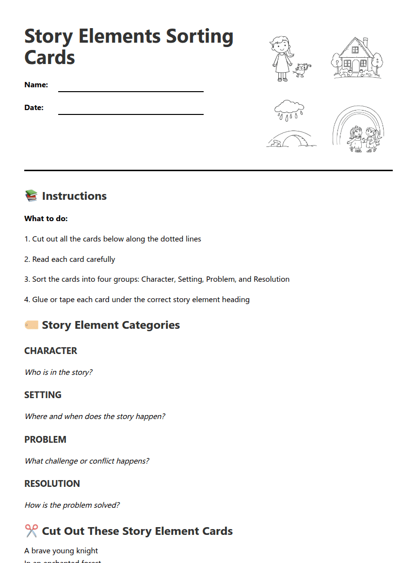 Story Elements Sorting Cards worksheet preview