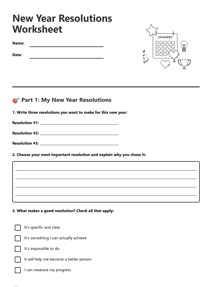 New Year Resolutions Worksheet worksheet preview