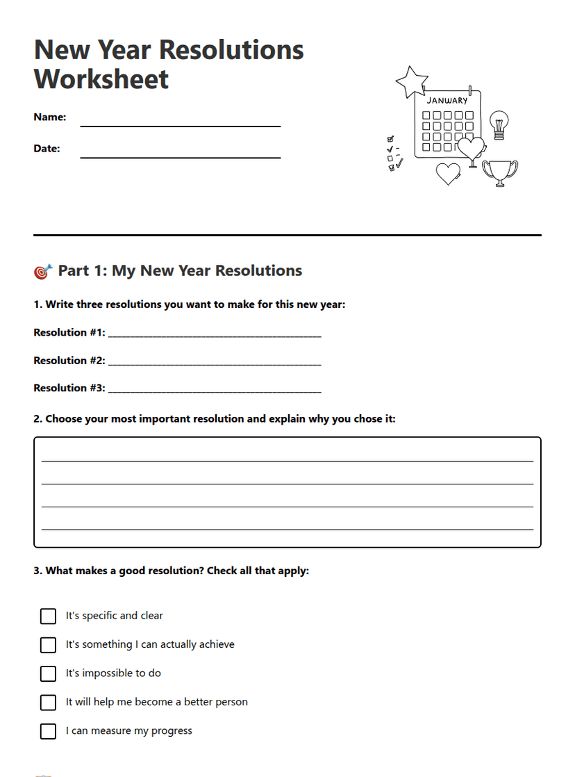 New Year Resolutions Worksheet