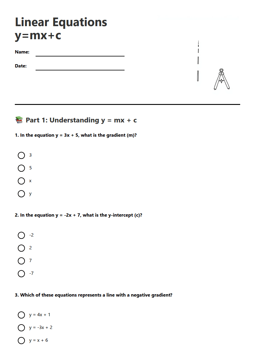 Linear Equations y=mx+c worksheet preview