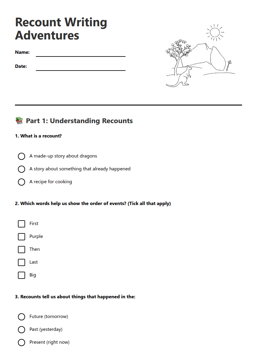 Recount Writing Adventures worksheet preview