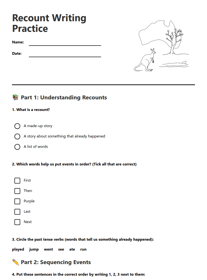Recount Writing Practice worksheet preview