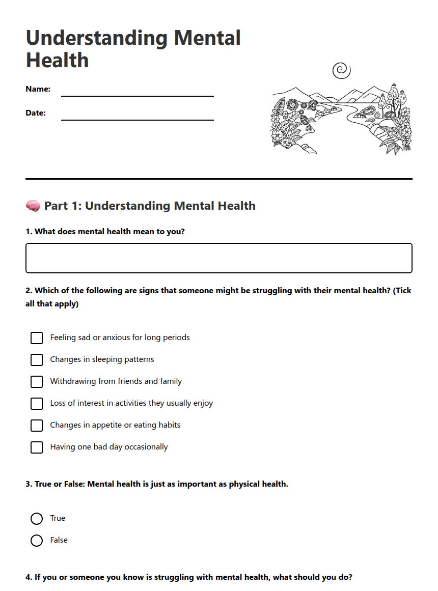 Understanding Mental Health worksheet preview