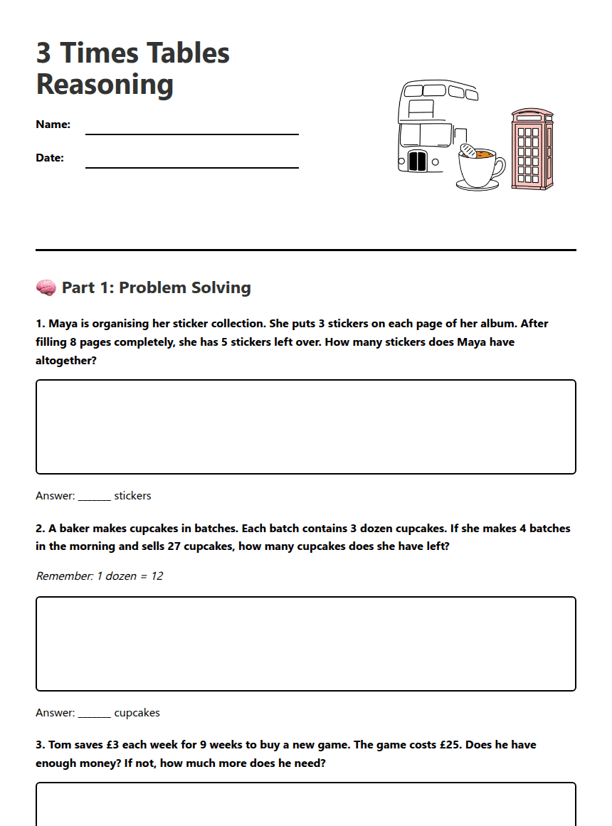 3 Times Tables Reasoning worksheet preview