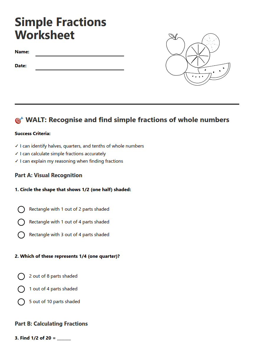 Simple Fractions Worksheet worksheet preview
