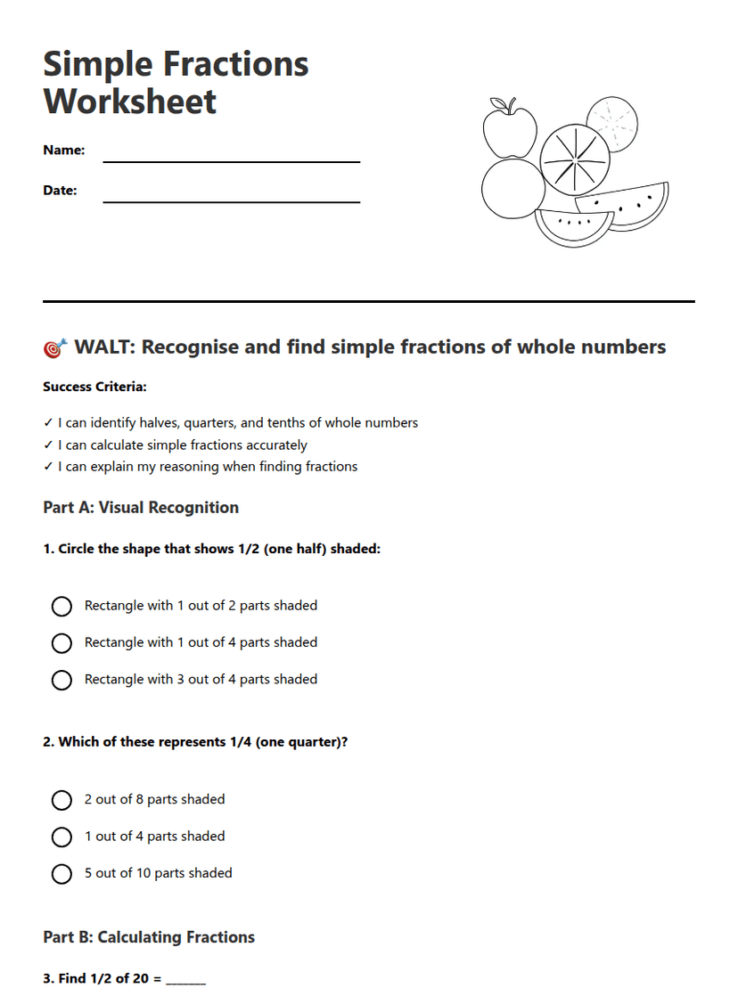 Simple Fractions Worksheet
