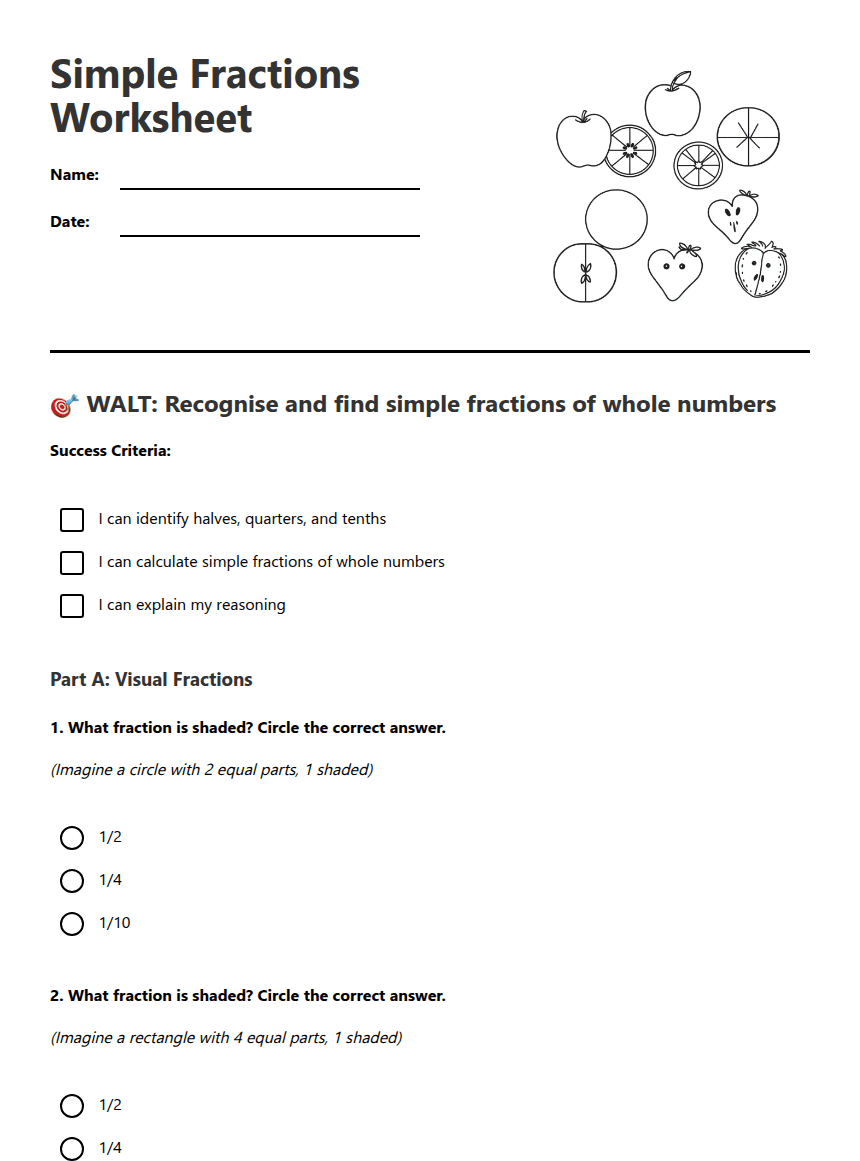 Simple Fractions Worksheet worksheet preview