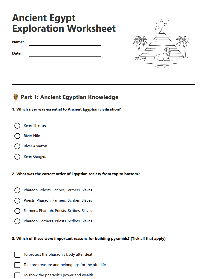 Ancient Egypt Exploration Worksheet worksheet preview