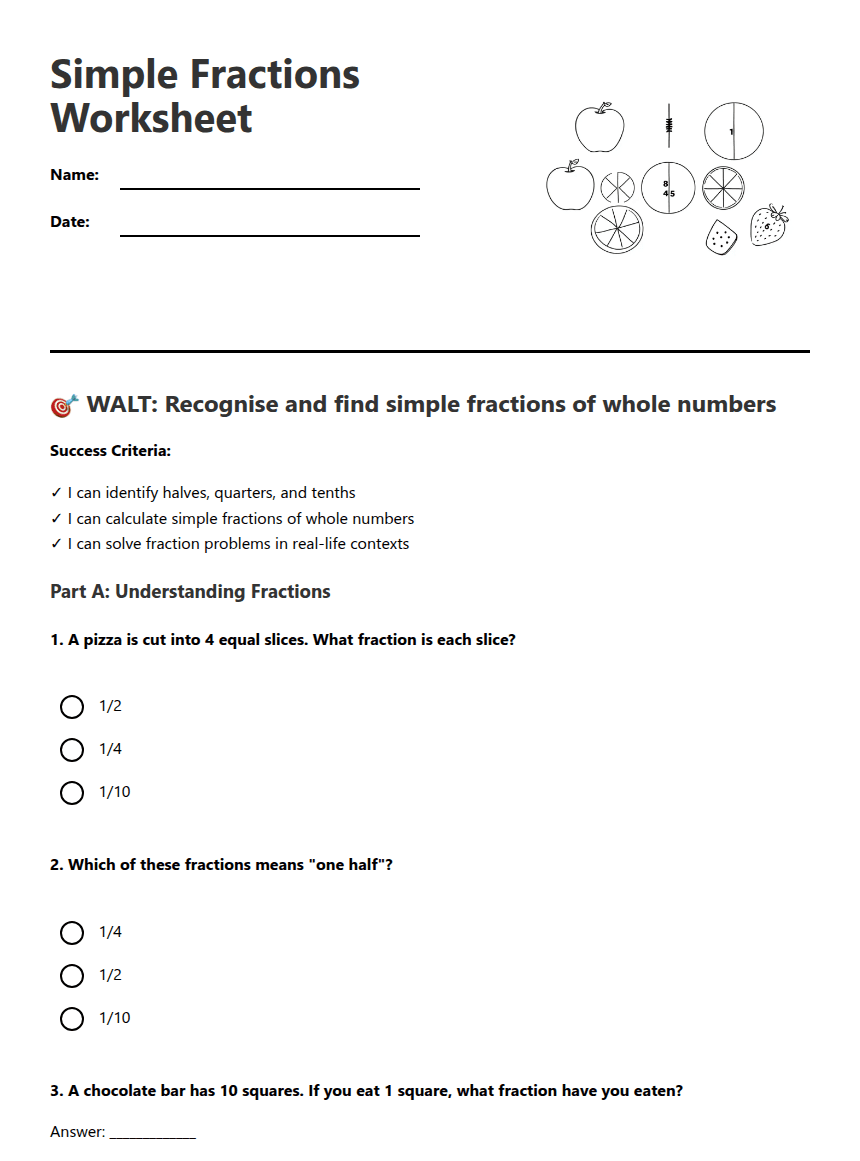 Simple Fractions Worksheet worksheet preview