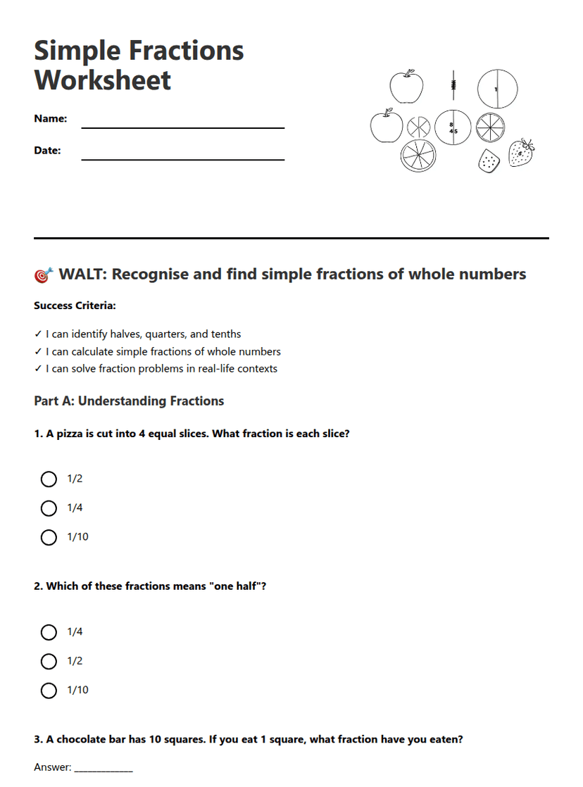 Simple Fractions Worksheet