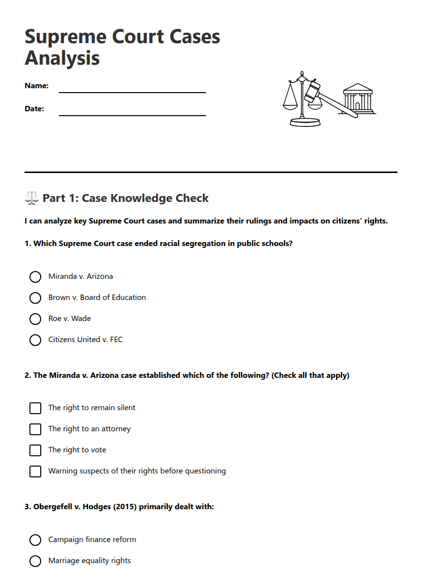 Supreme Court Cases Analysis worksheet preview