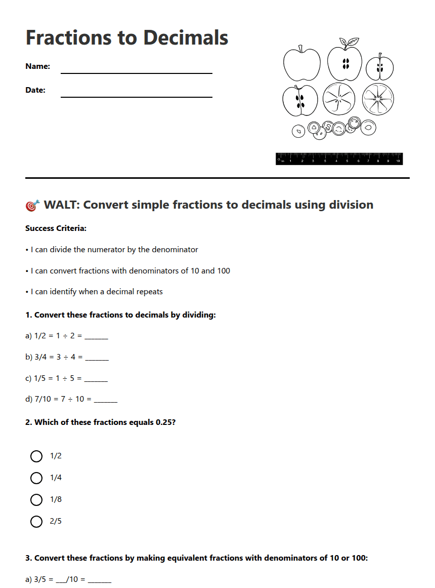 Fractions to Decimals worksheet preview