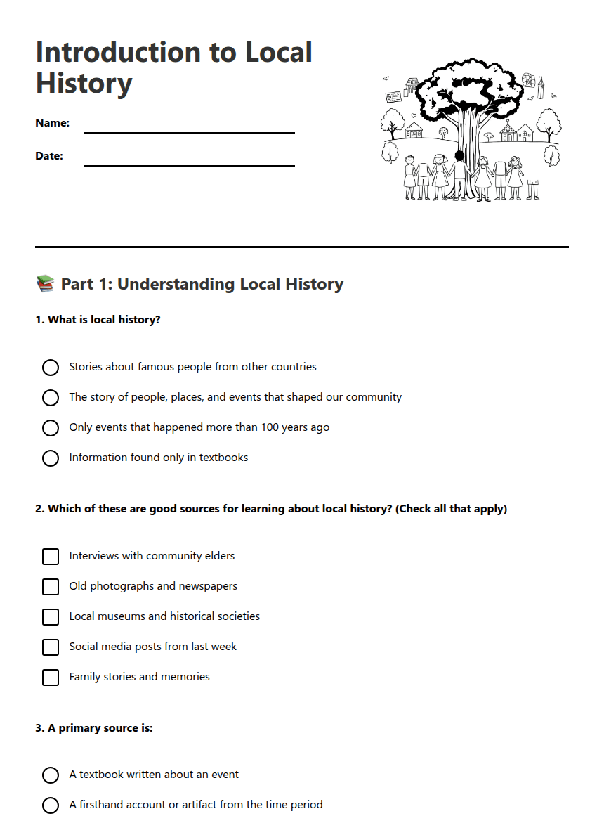 Introduction to Local History worksheet preview