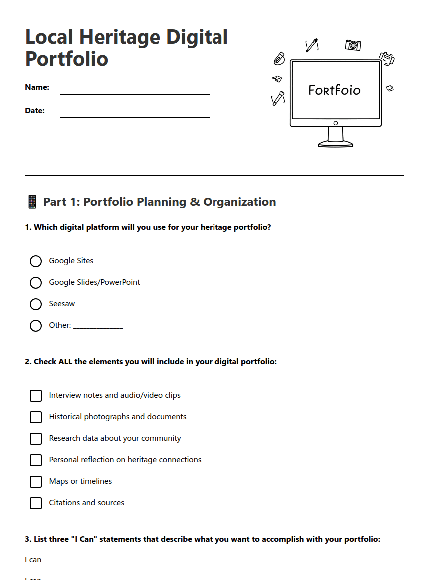 Local Heritage Digital Portfolio worksheet preview