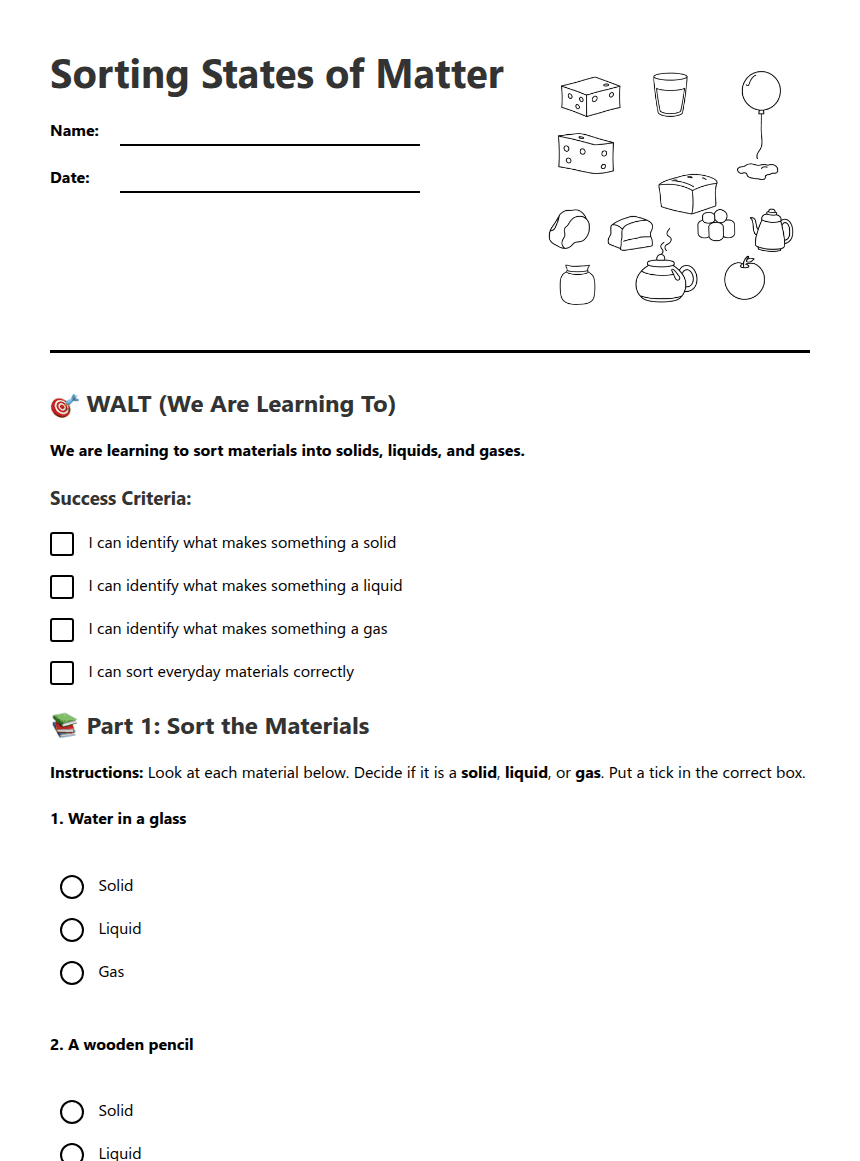 Sorting States of Matter worksheet preview