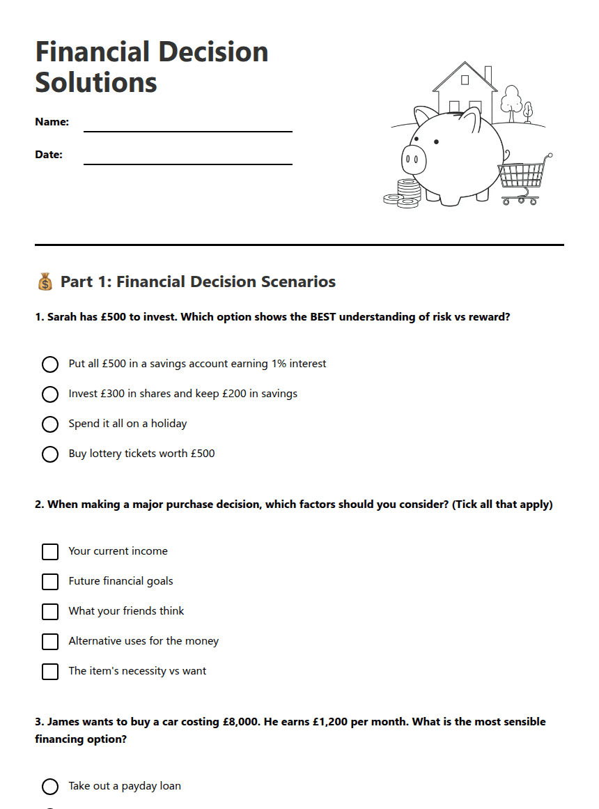 Financial Decision Solutions worksheet preview