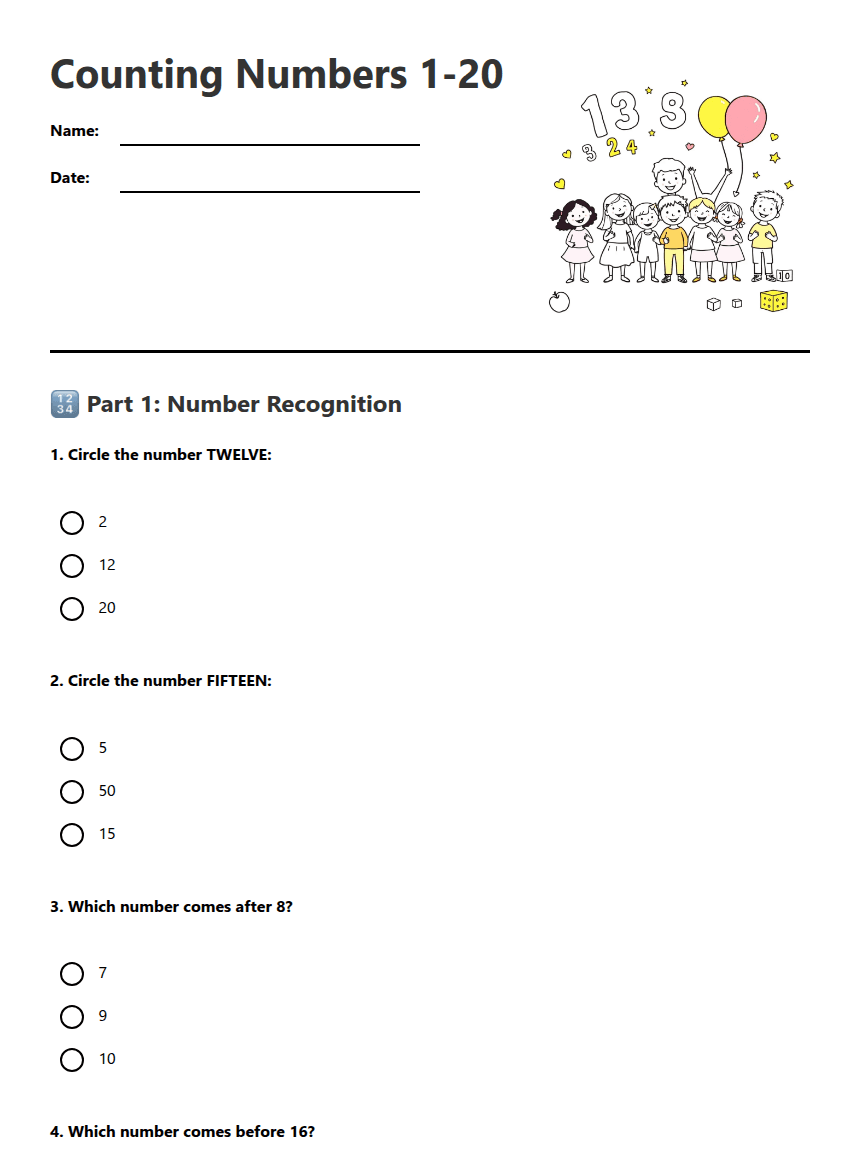 Counting Numbers 1-20 worksheet preview