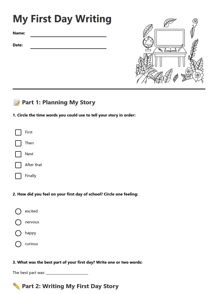 My First Day Writing worksheet preview
