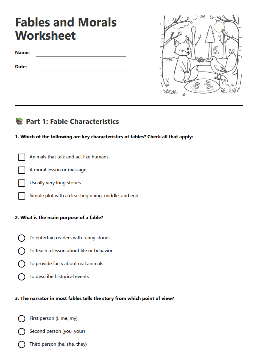 Fables and Morals Worksheet worksheet preview