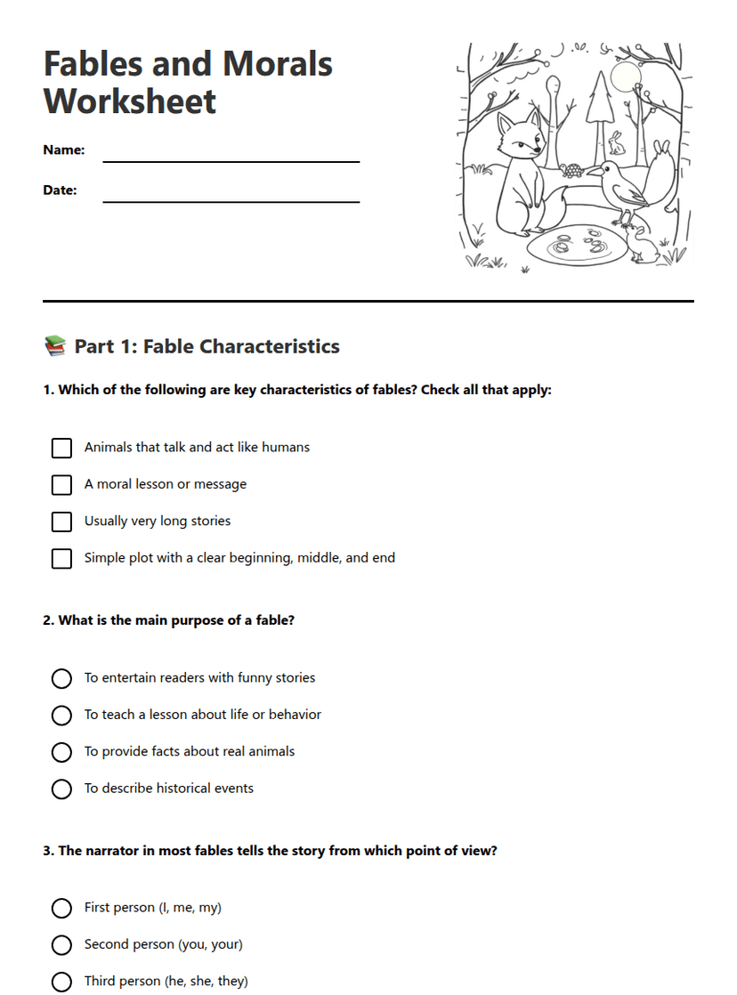 Fables and Morals Worksheet