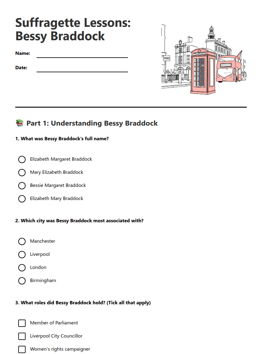 Suffragette Lessons: Bessy Bradock worksheet preview