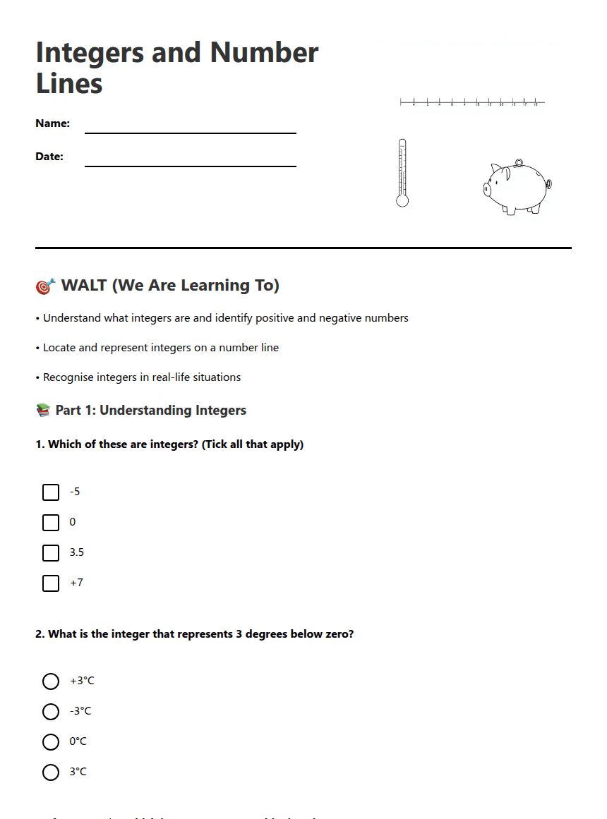 Integers and Number Lines worksheet preview