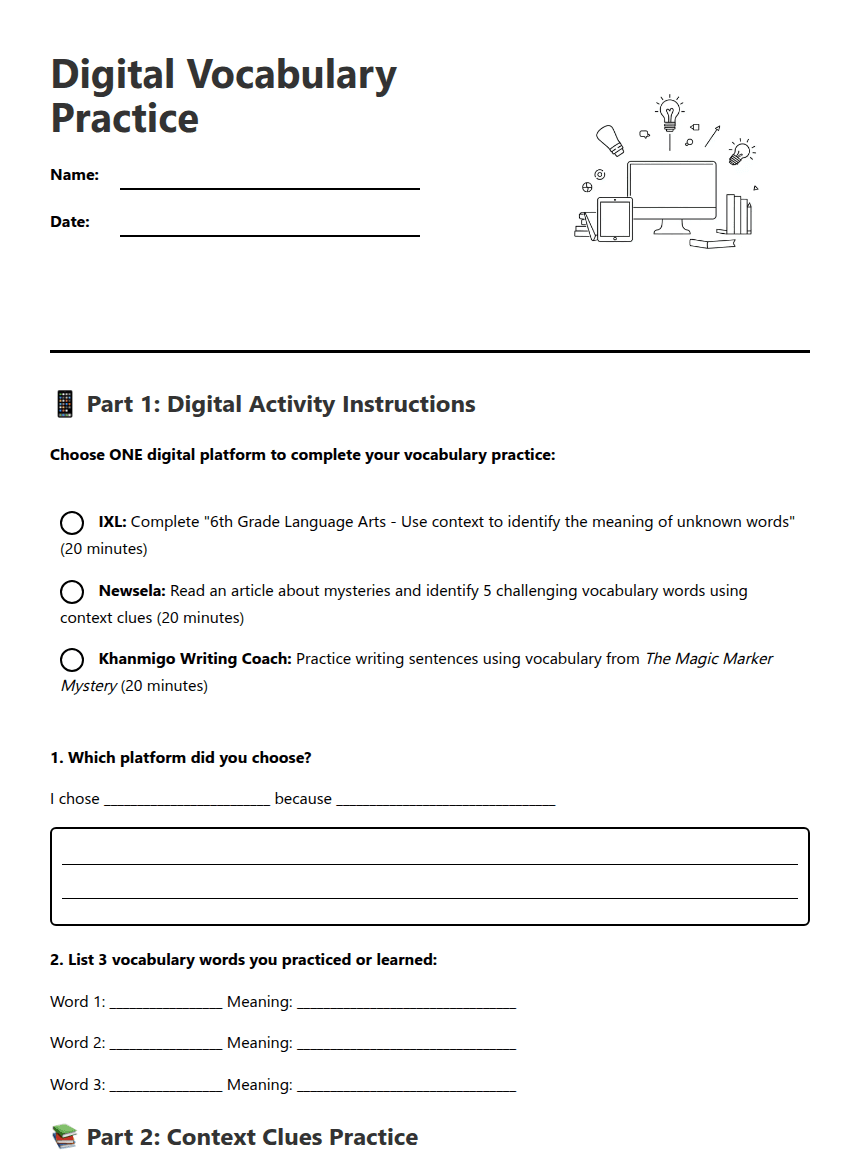 Digital Vocabulary Practice worksheet preview