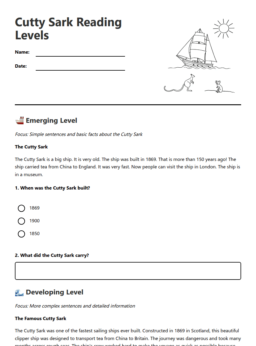 Cutty Sark Reading Levels worksheet preview