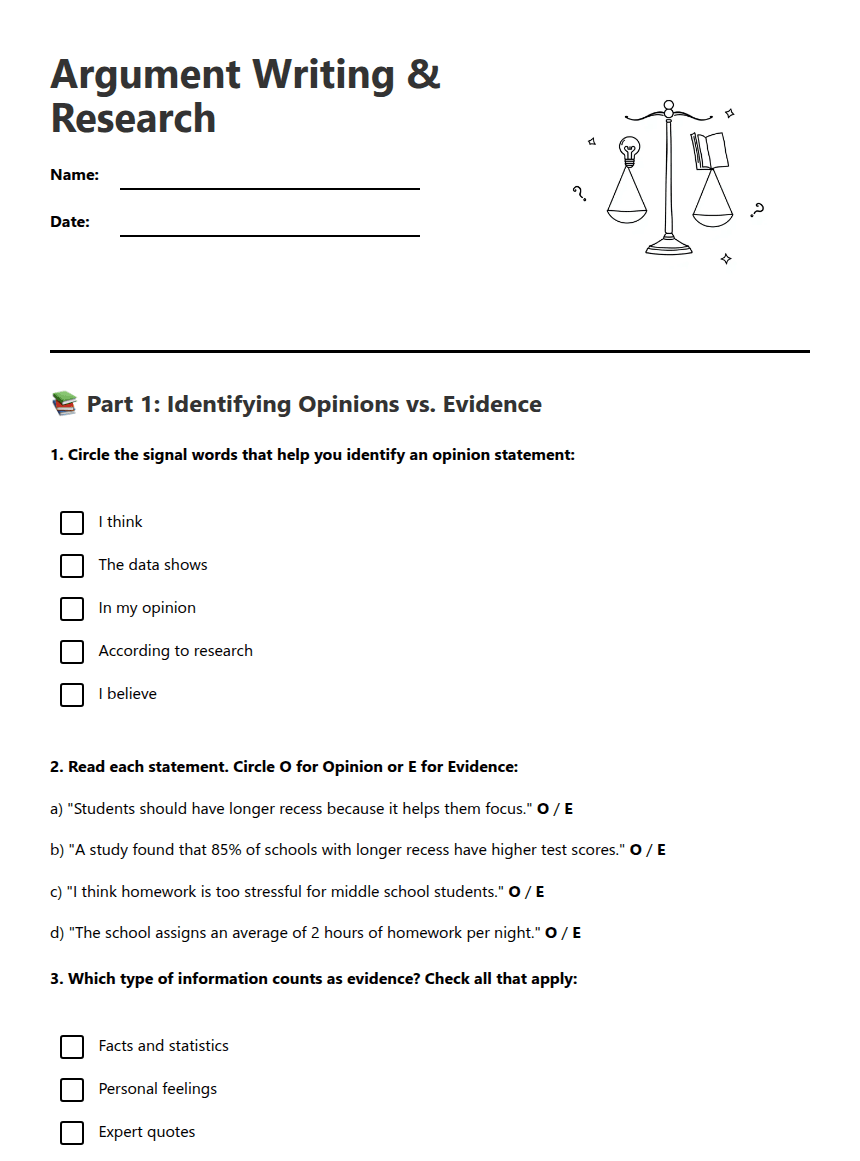 Argument Writing & Research worksheet preview