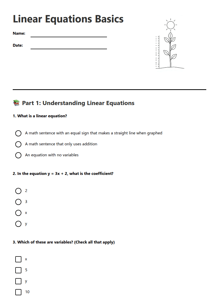 Linear Equations Basics worksheet preview