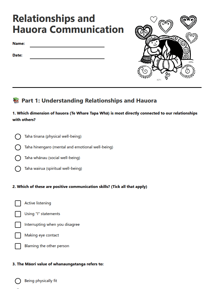 Relationships and Hauora Communication worksheet preview