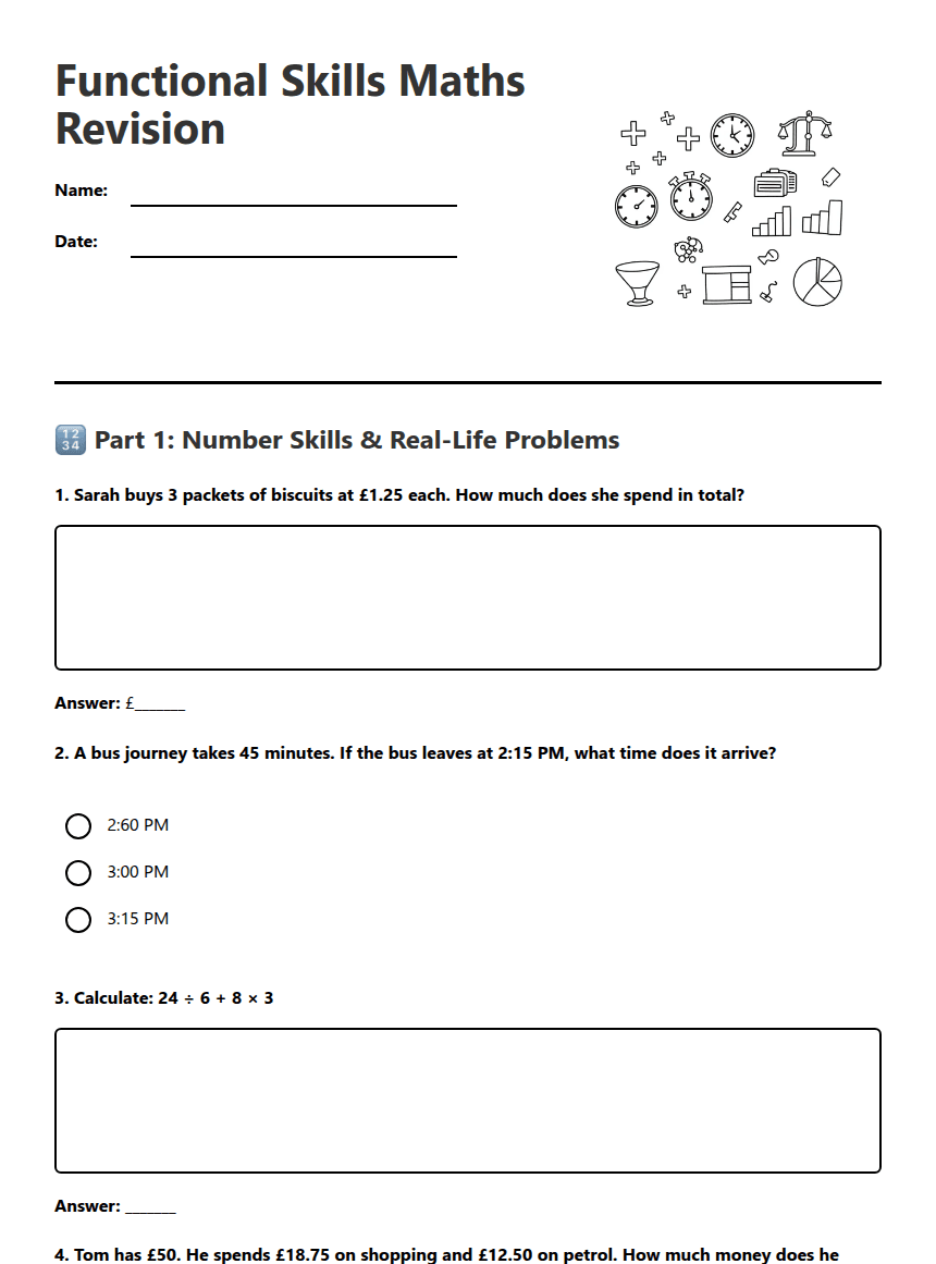 Functional Skills Maths Revision worksheet preview