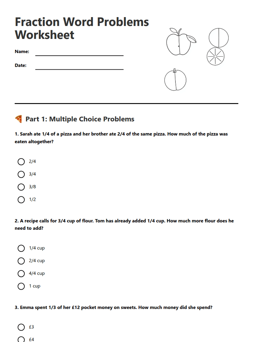Fraction Word Problems Worksheet