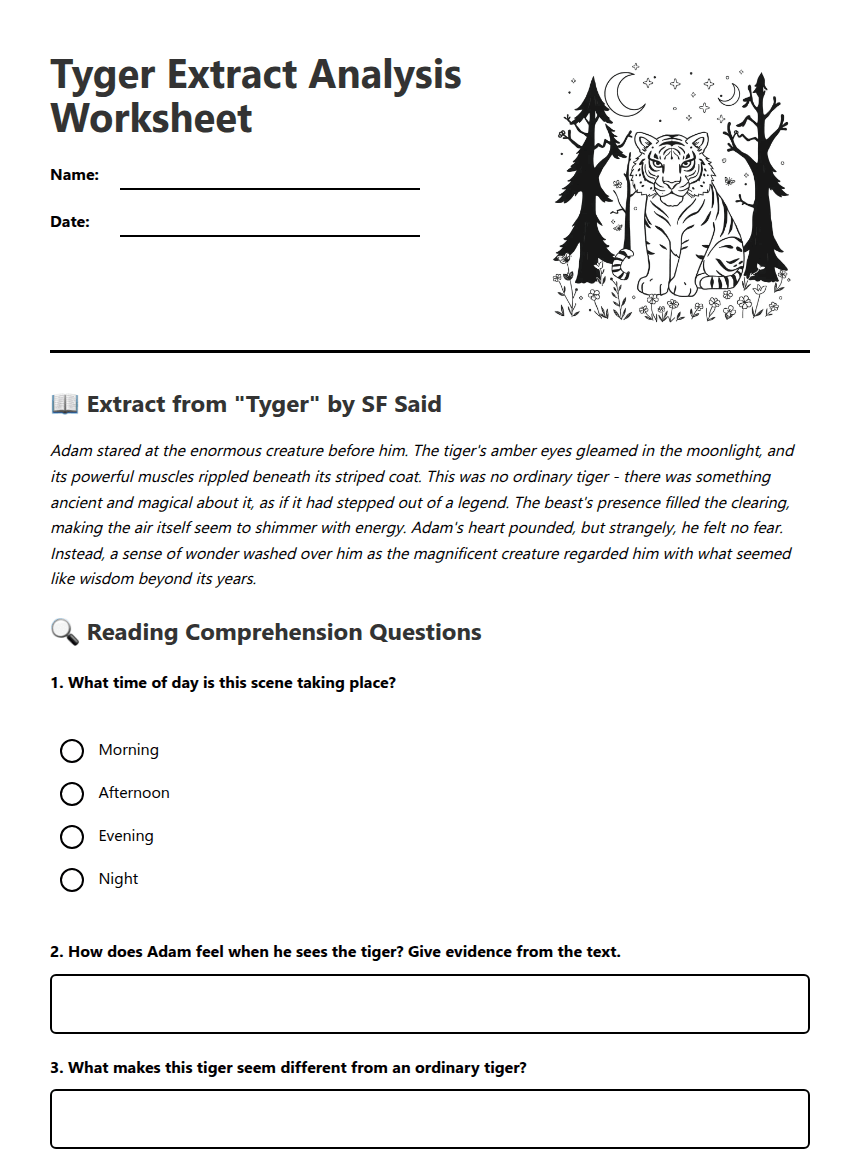 Tyger Extract Analysis Worksheet worksheet preview
