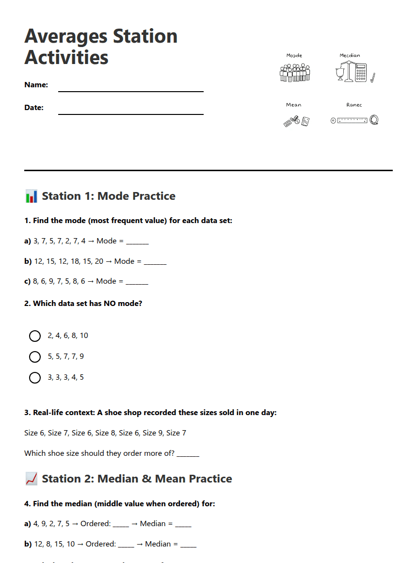 Averages Station Activities worksheet preview