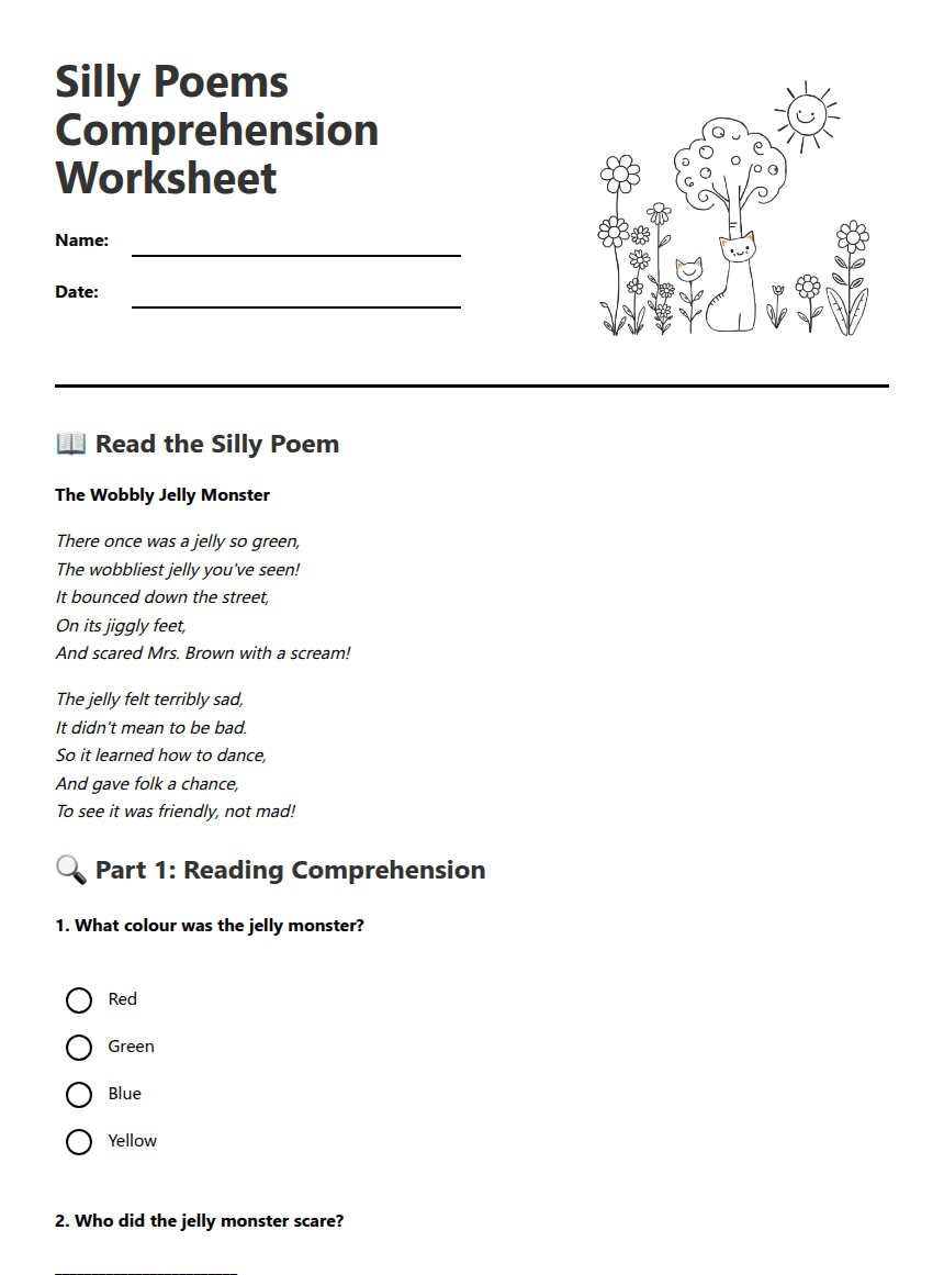 Silly Poems Comprehension Worksheet worksheet preview