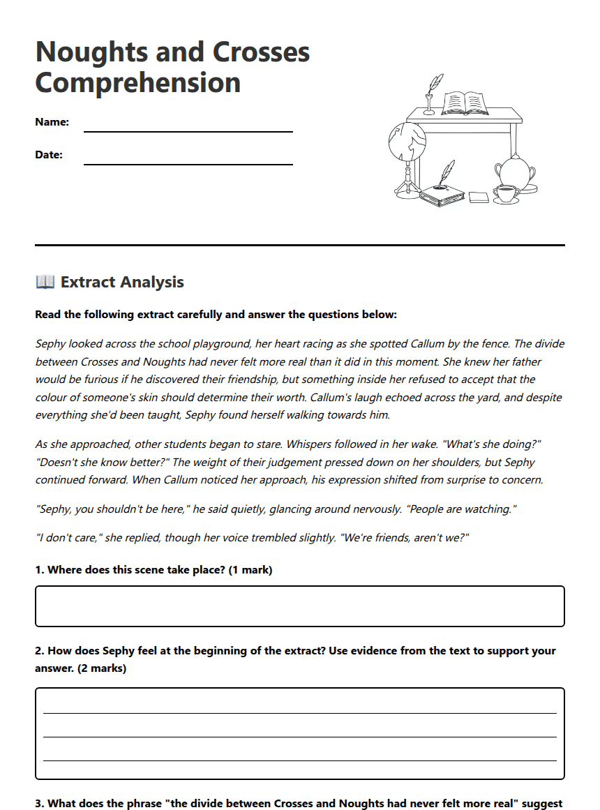 Noughts and Crosses Comprehension worksheet preview